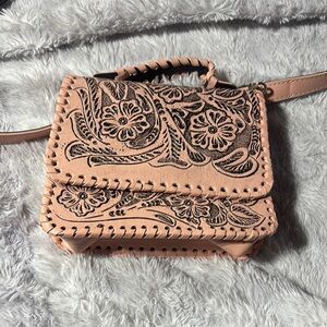 Tan Mini Bag with Western Tooling and Braided Details